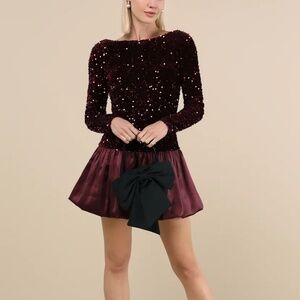 Lulus Event Aura Burgundy Sequin Long Sleeve Mini Dress Size XS